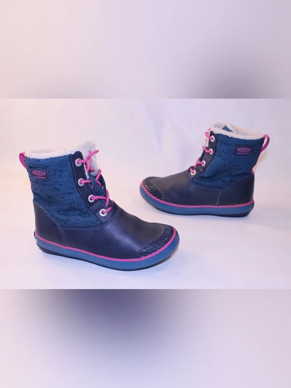 Keen Pink Blue Hiking Boots Insulation Waterproof Snow Lace Youth Size 4 Warm